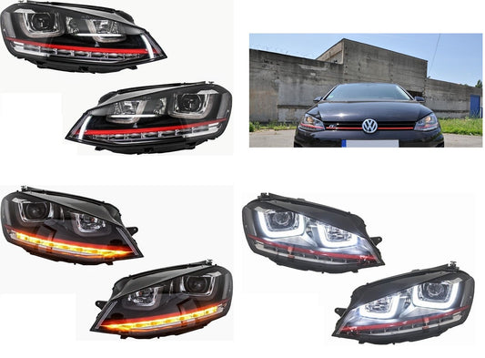 Headlights 3D LED DRL Volkswagen VW Golf 7 VII 2012-2017 RED R20 GTI Look LED Flowing Dynamic Sequential Turning Lights RHD