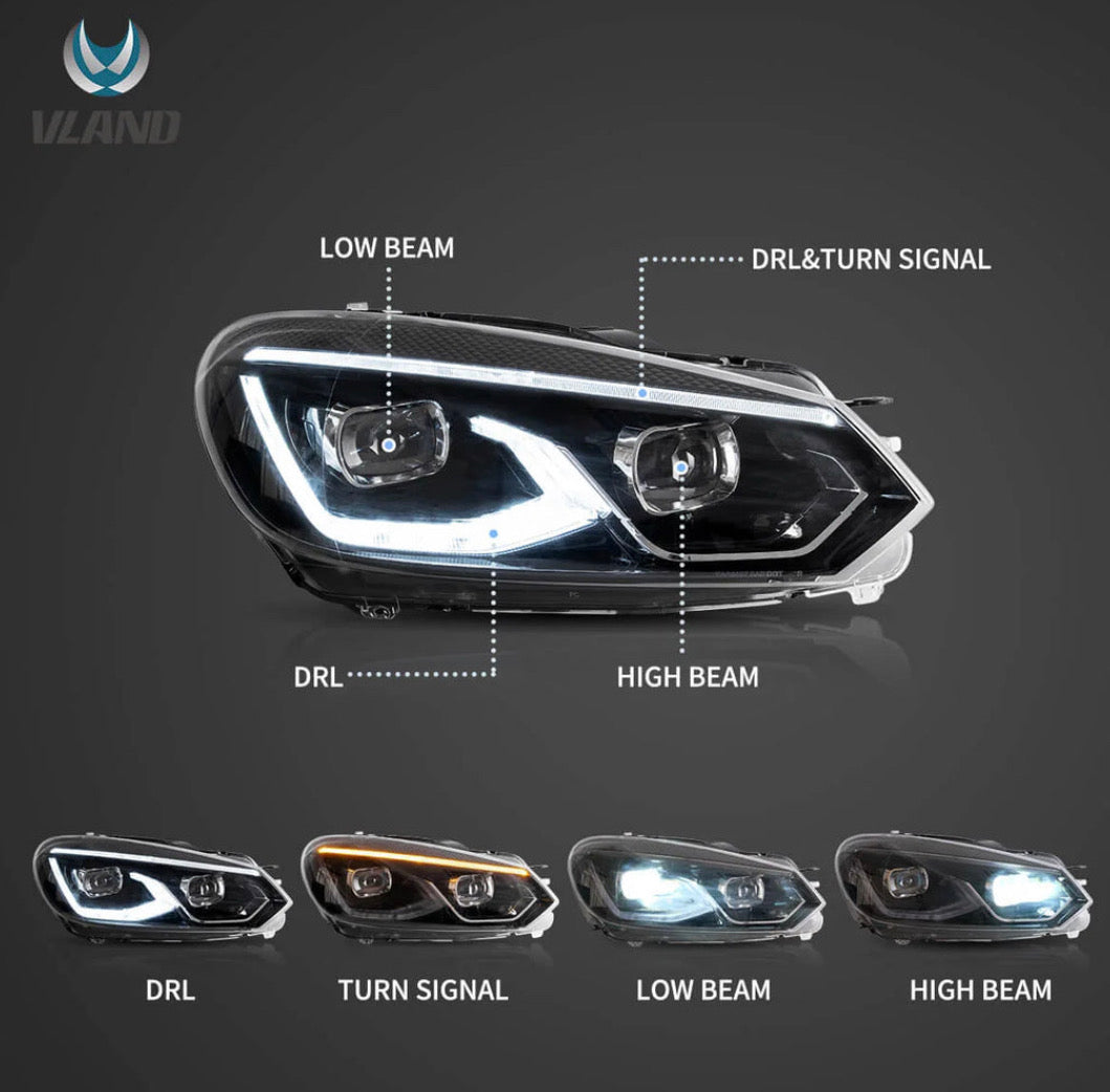VW Golf Mk6 Vland LED Dual Beam Projector Aftermarket Headlights Black