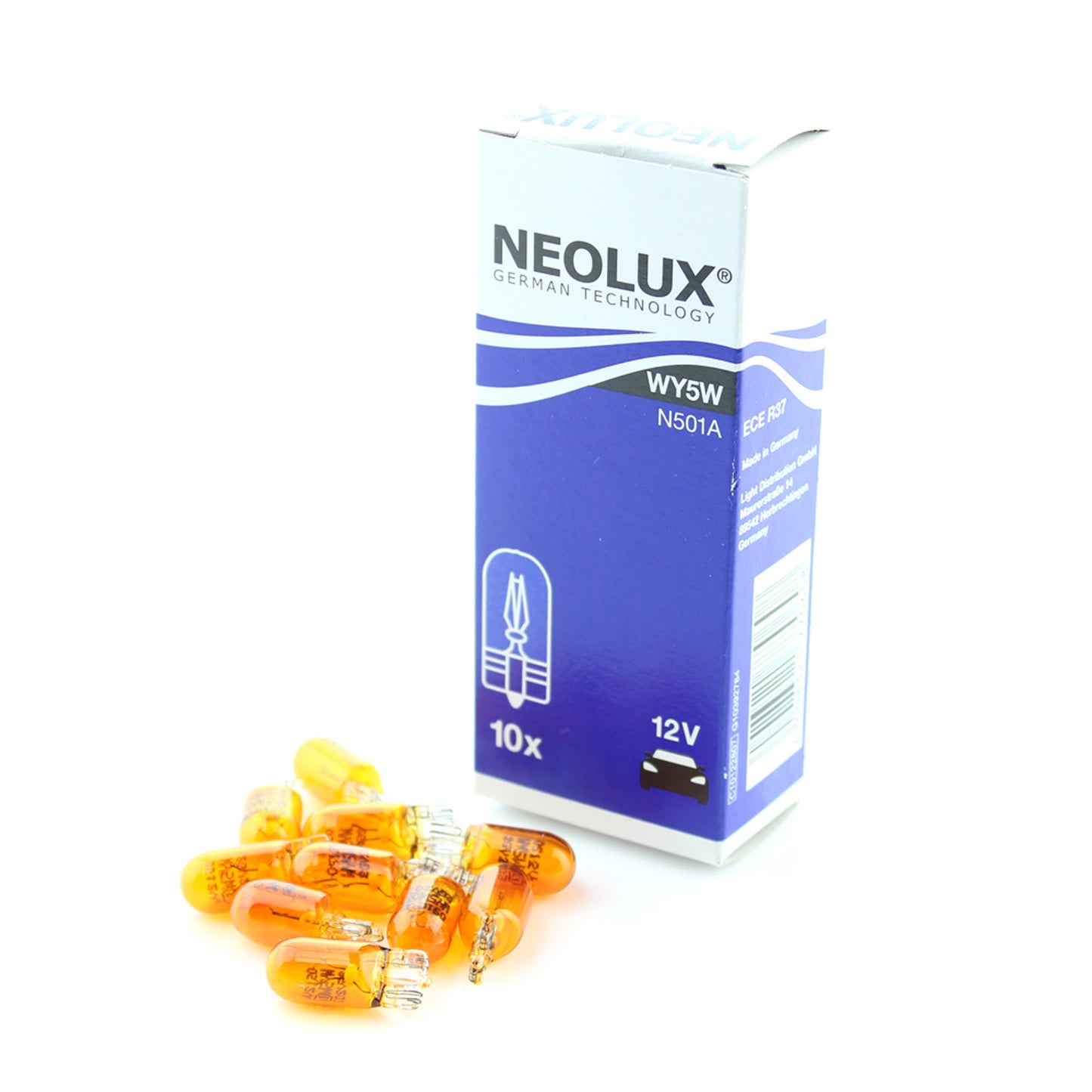 10 x Neolux 12v 5w 501A WY5W T10 TW2.1x9.5d Wedge Amber Repeater Bulb