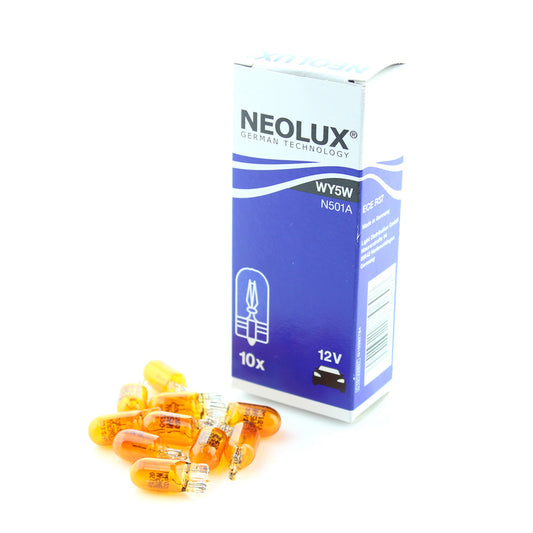 10 x Neolux 12v 5w 501A WY5W T10 TW2.1x9.5d Wedge Amber Repeater Bulb